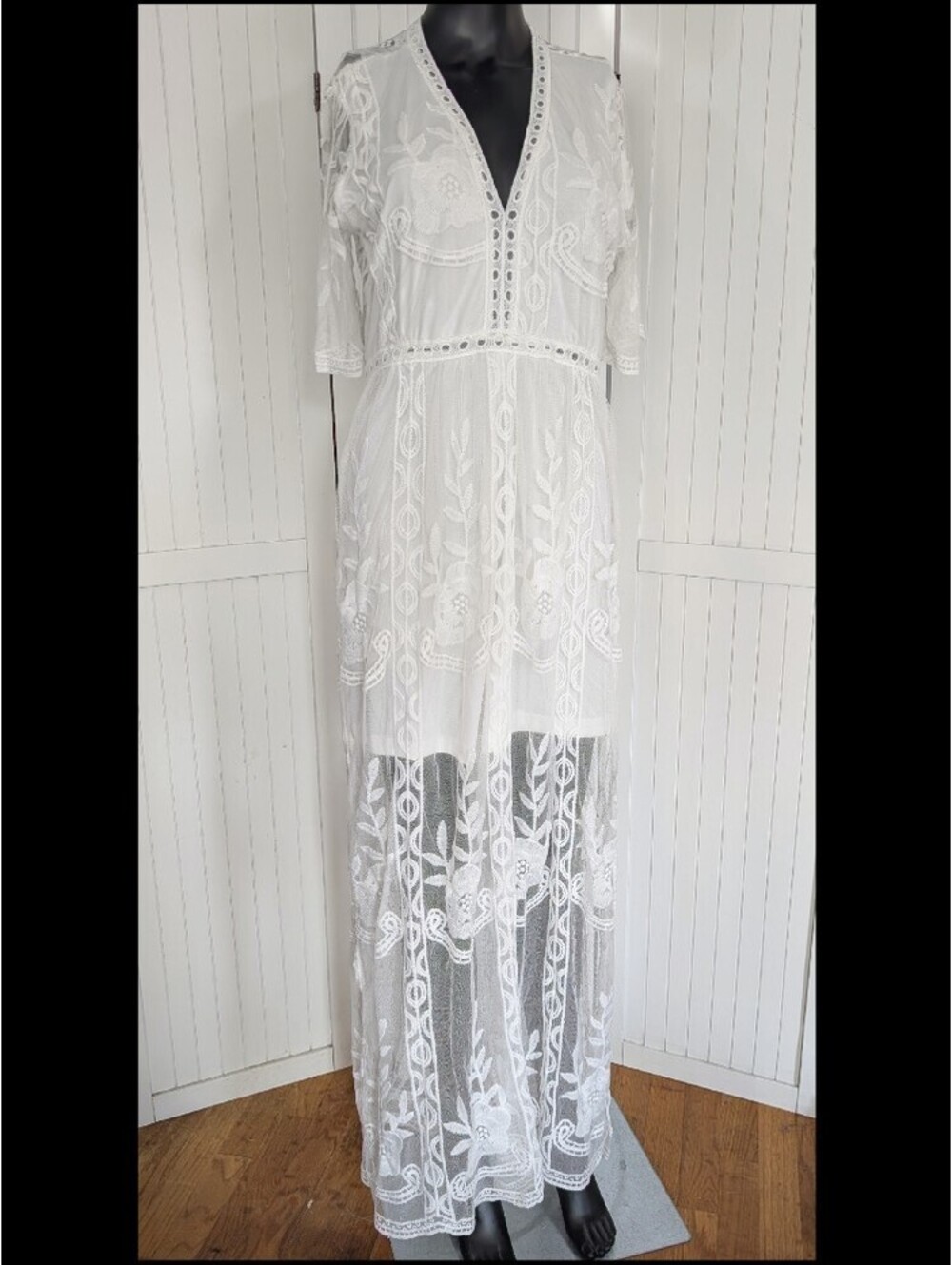 Eleter White Ivory Embroidered Lace Maxi Dress Romper Boho Wedding Bridal L
